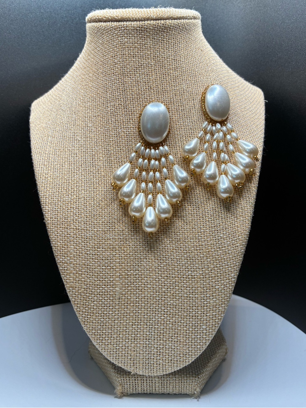 Vintage Waterfall Pearl Chandelier with Gold Trim Earrings - Gold and Ivory